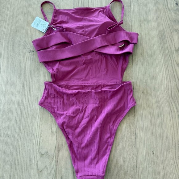 Lululemon Ribbed High Neck Cross Back One Piece Swimsuit Pink Medium Skimpy Cut - Picture 11 of 13